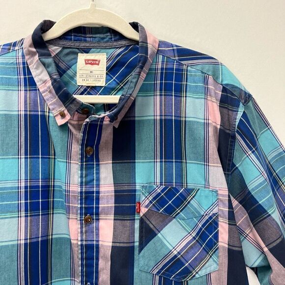 Levi's Blue Pink Cotton Short Sleeve Button Front Polo Size XXL - Picture 2 of 8